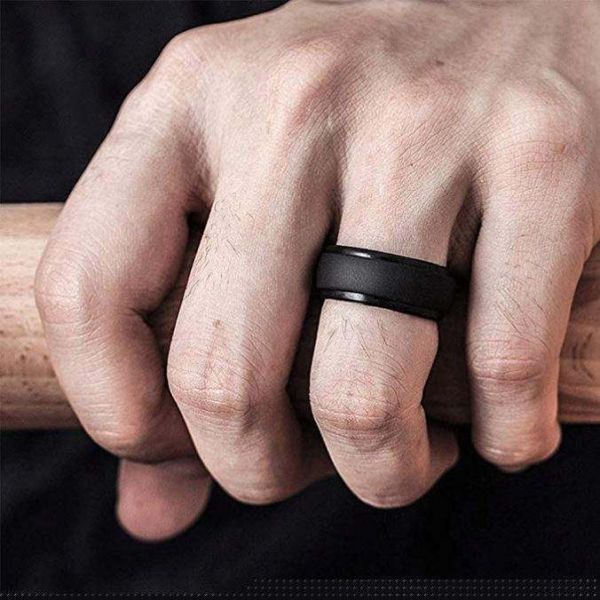 Silicone Wedding Ring for Men 4 Packs Singles Step Edge Sleek Design Metallic Black and Camo