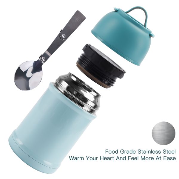 700ml Metal Custom Stainless Steel Vacuum Food Container With Foldable Ss Spoon