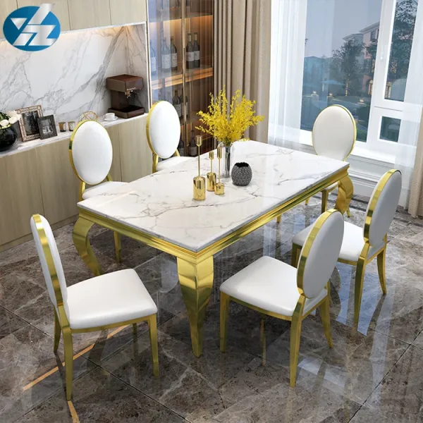 Upholstered Back Armless Marble Top Dining Chairs with Silver Stainless Steel