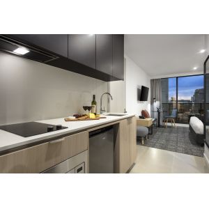 Budget hotel bedroom furniture of PU leather upholstery bed and Laminate desk