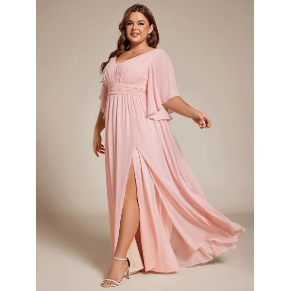 Empire Plus Size V-neck Ruffled A-line Invisible Zipper Half Flutter Sleeves