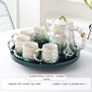 Stylish Pink Pearl Ceramic Coffee Mug Set with Saucer and Bamboo Tea Cup 1300ml