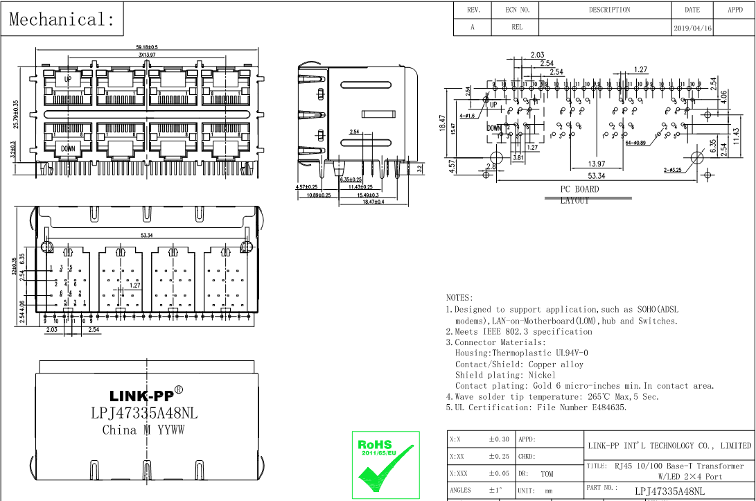 JX20-0254NL 2x4 Port 10/100 Base-T G/O Led ICM Connector RJ45 Magnetic Jack