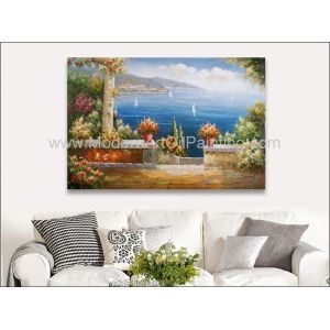 Mediterranean Garden Wall Art Sea Landscape Oil Painting Vacation Harbor