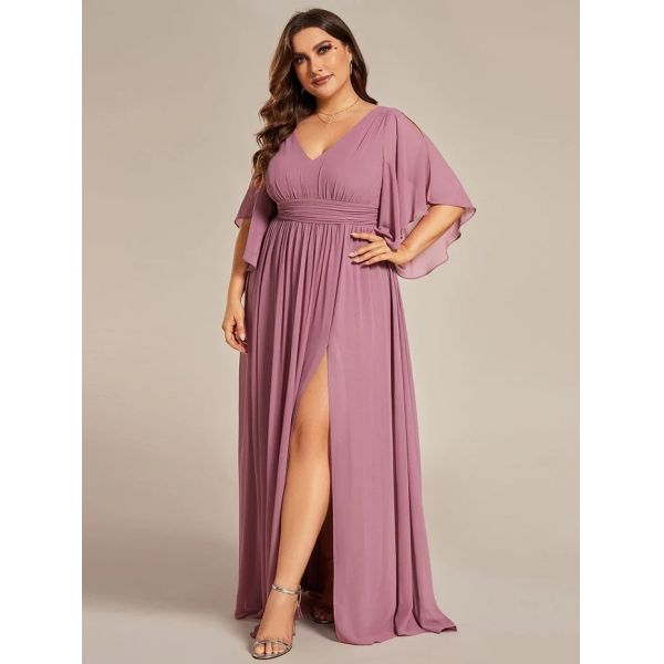 Plus Size A-line Half Sleeves V-neck Ruffled High Slit Purple Orchid Chiffon Evening Dress