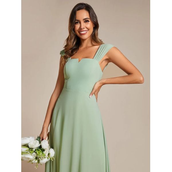 Empire High-waisted Sleeveless Cap Sleeve Square Neck Invisible Zipper Mint Green Chiffon Bridesmaid Dress