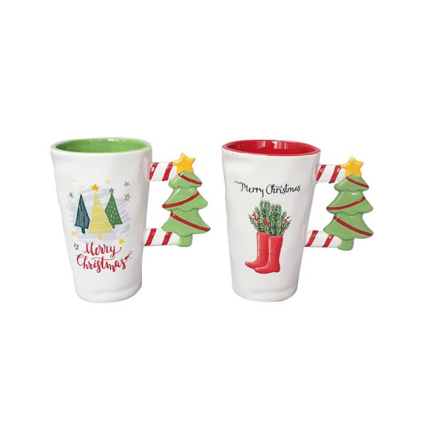 Buy Custom 500ml Ceramic Mugs , Ceramic Christmas Cup With Tree Handle at wholesale prices