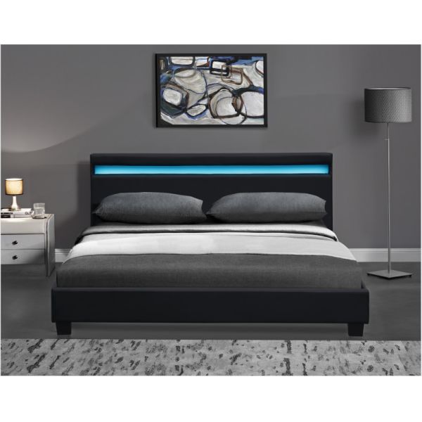 Wooden Double LED Upholstered Bed Black White With Headboard Led Lights