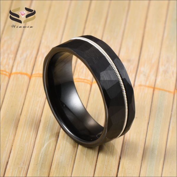 Mens Fashion Black Faceted Finish Hammered Tungsten Wedding Band With White Guitar String Inlay Comfort Fit Invisible Setting