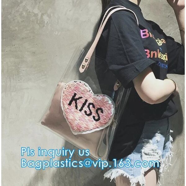 Handle Style PVC Material Shopping Tote Bags, Vinyl PVC Tote Handle Cosmetic Handbag Swimming Bag for Girls, black mesh