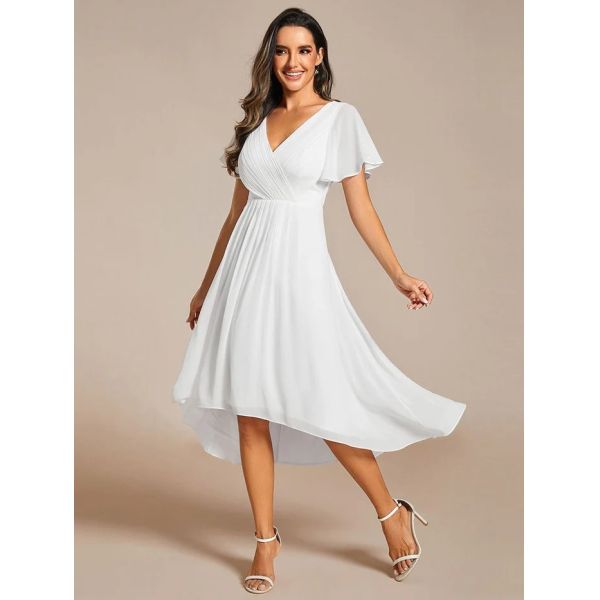 Chic V-neck High-low Short Flutter Sleeves A-line Ruffles Midi Invisible Zipper Burnt Orange Chiffon Party Dress