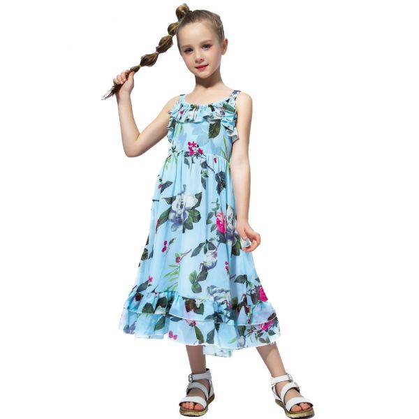 Girls Casual Summer Children'S Clothing Printed Off Shoulder Short Sleeve Ruffle A-Line