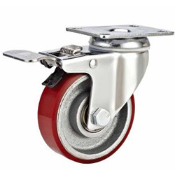 medium duty 4" swivel PU cast iron core caster brake, 4" swivel red PU cast iron