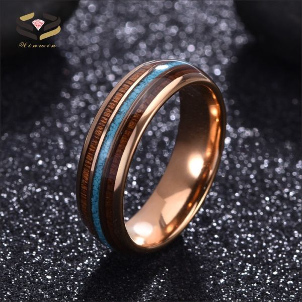 Buy Third Party Appraisal 8mm Dome Polished Rose Gold Mens Tungsten Ring Turquoise Wood Inlay Wedding Bands Certificate Type at wholesale prices