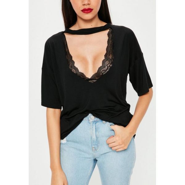 Black Choker Neck Cut Out Clothing T Shirt Women