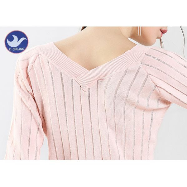 Vertical Transparent Stripes Womens Knit Pullover Sweater Pink Double V Neck Top