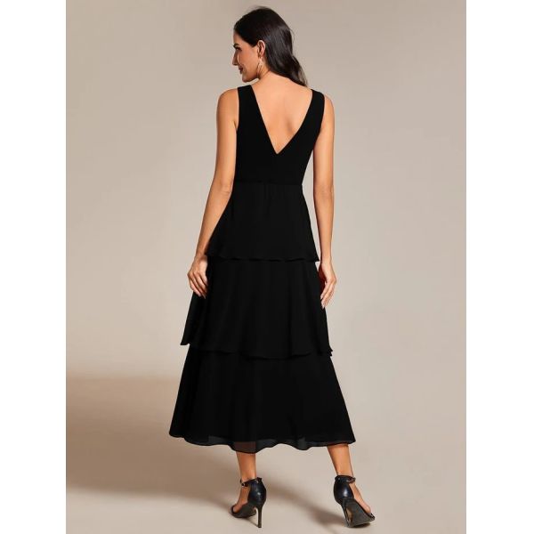 Multi-layered Hem V-neck Sleeveless A-line Black Chiffon Wedding Guest Dress Cocktail Dresses