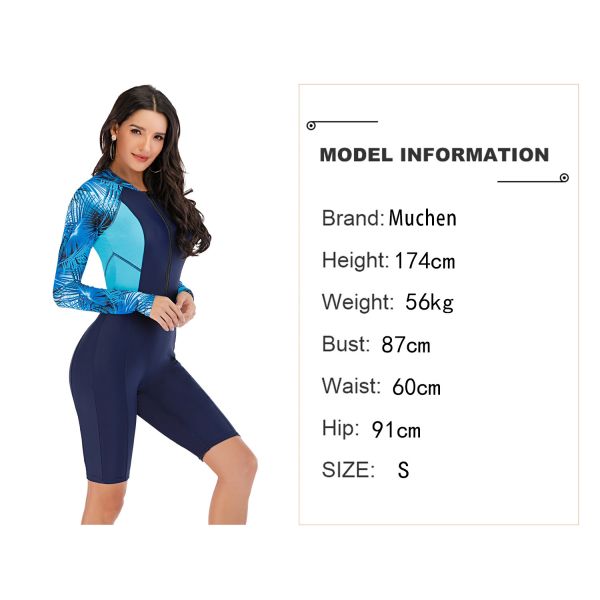 Sunproof Polyester Womens Surfing Suits Zipper One Piece Long Sleeve Swimsuit