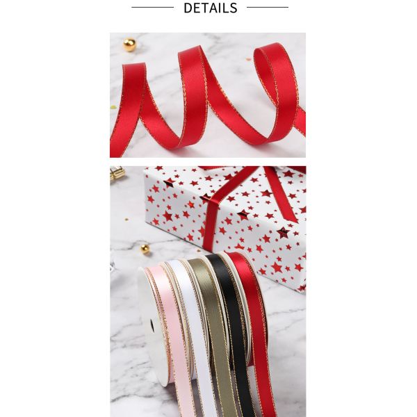 High Quality Solid Color Polyester Gold Edge 6mm Satin Ribbon Roll