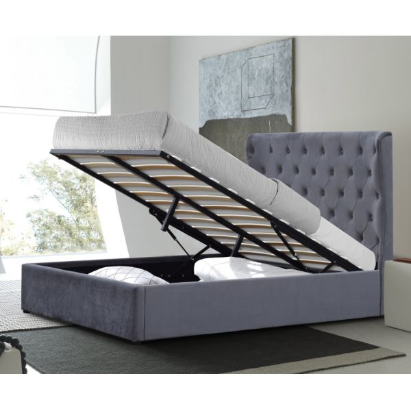 King Size 500lbs Gas Lift Storage Bed Grey Velvet Fabric Tufted Buttons On Headboard