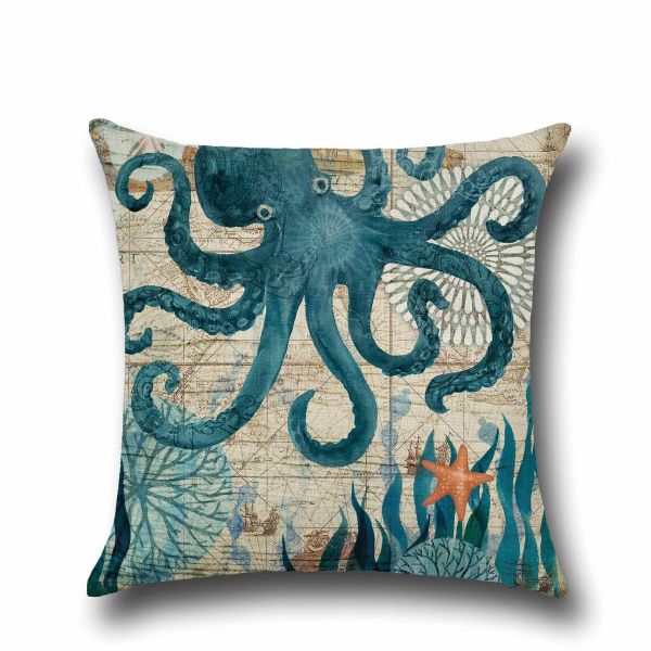 Sea Life Decorative Throw Pillow Covers 18"x 18" , Faux Linen Coastal Octopus