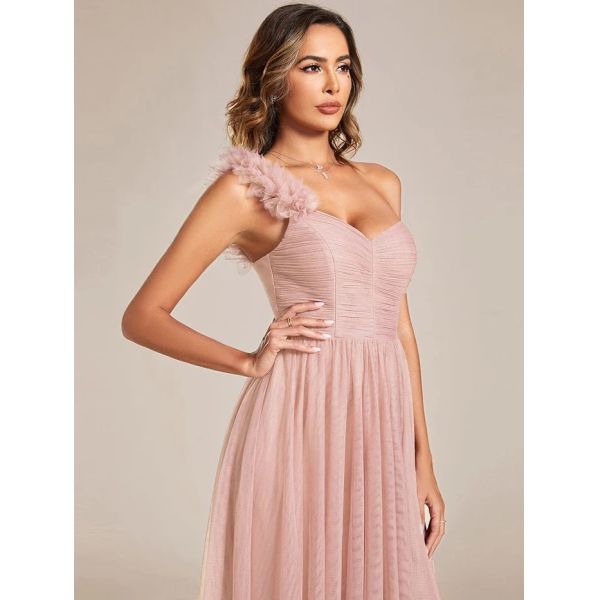 Elegant One-shoulder Sweetheart Ruffled A-line Zipper Pleated High Slit Tulle Pink Bridesmaid Dress