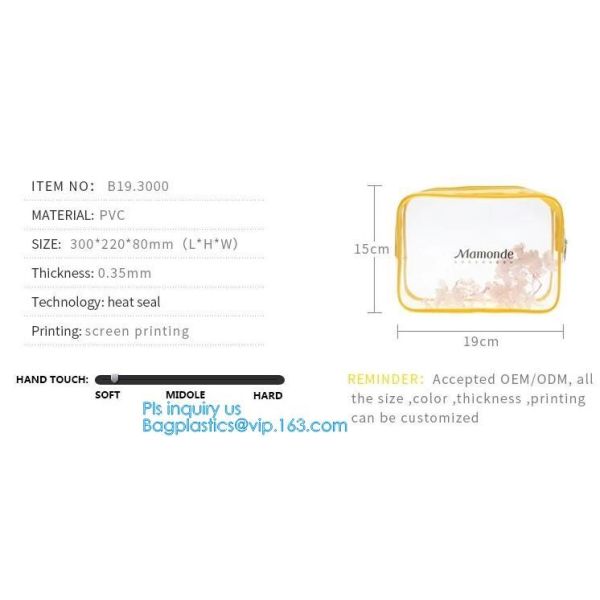 Trendy transparent PVC makeup bag with nylon handle, pvc hanging travel cosmetic makeup zipper bag, travel makeup organi