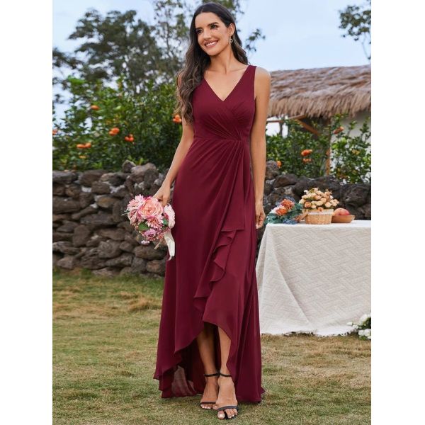 Unique High-low Ruffles V-neck Waist Pleating Two Straps Burgundy Chiffon Pleated Lotus Leaf Sleeveless Prom Dress