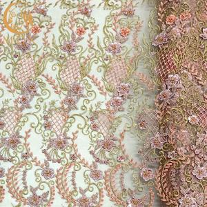 Pink 3D Applique French Lace Fabric For Wedding Party