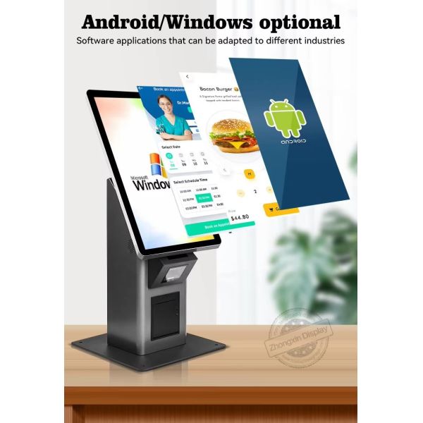 Commercial Standing Android Fast Food Restaurant Touch Screen Kiosk With Pos Barcode Scanner Ticket Printer Options