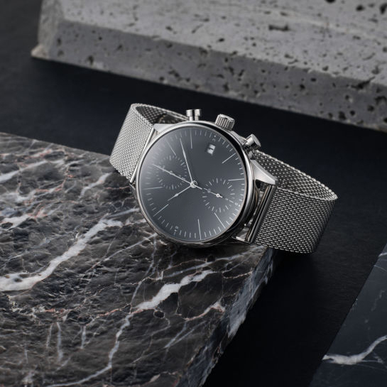 Custom Logo Chronograph Silver Stainless Steel Watch With Black Face