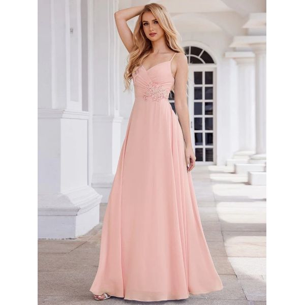 Chic V-neck Pleated Sleeveless Backless A-line Empire Spaghetti Strap Applique Waist Pink Chiffon Prom Dress