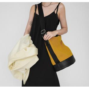 Stitching Linen Shoulder Bag 29cm 34cm Yellow Leather Bucket Bag