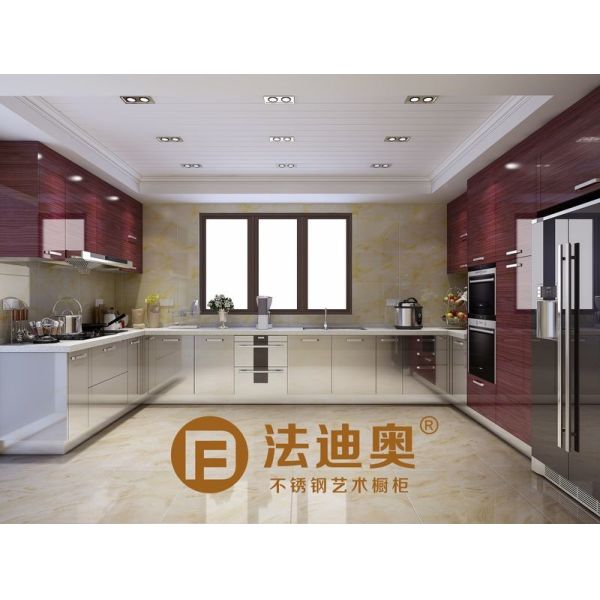 Fadior U-Shaped Stainless Steel Kitchen Cabinet WIth Crystal Wood Grain And Original Stainless Steel Color