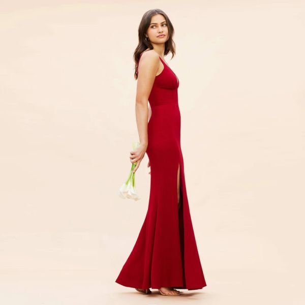 Factory Sexy Front Split Slit Long Red Evening Dress Empire Sleeveless Deep V-back Spaghetti Straps Mermaid
