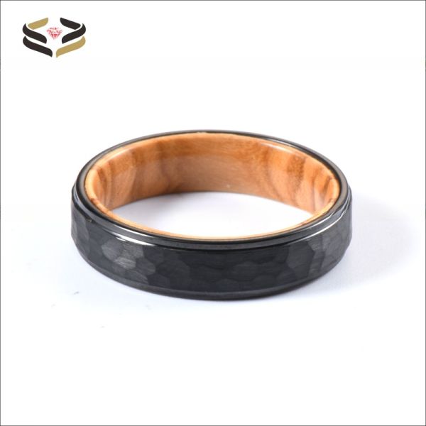 6mm Hammered Black Tungsten Carbide Ring with Olive Wood Liner A Perfect Combination of Style and Durability