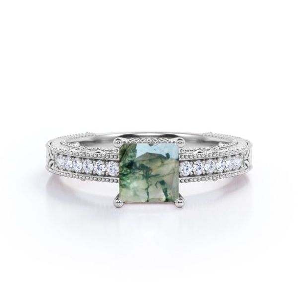 Princess Cut Natural Druzy Moss Green Agate And Moissanite Milgrain Border Victorian Pave Engagement Ring