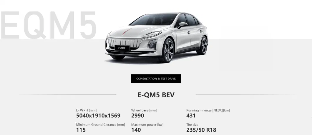 Hongqi E-Qm5 2024 Travel Version Energy Vehicle 5-Seater Pure Electric Sedan Car HS5 HS7 Ehs9 Midsize 500km Level Midsize Car