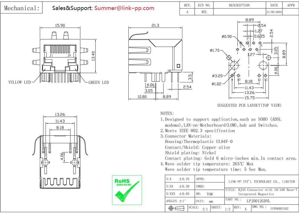SI-40138 | LPJ0012GDNL 100Base-T Magnetic RJ45 Jack 8 Position w/LED