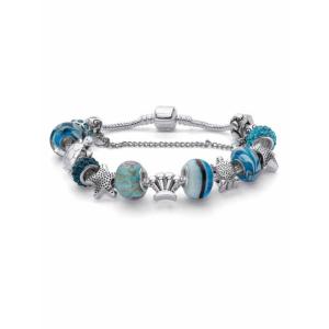 Round Blue Crystal Sea Life Turtle and Starfish Charm Bracelet Silvertone 8 Length