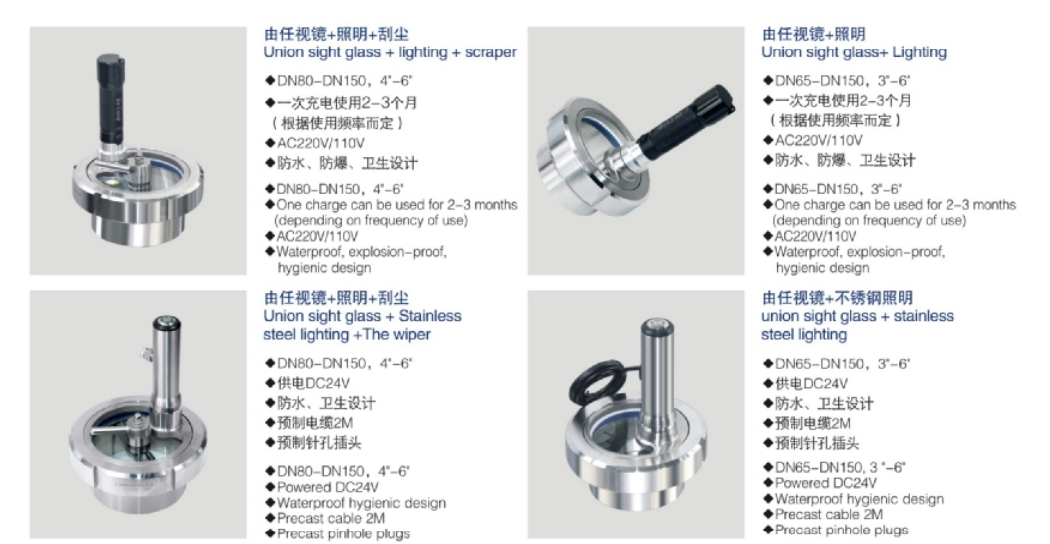 DN125 Tank Union Type Stainless Steel Sight Glass With Light And Wipper
