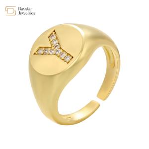 Adjustable Rhinestone Diamond Initial Ring , Chunky Zircon Gold Plated Letter