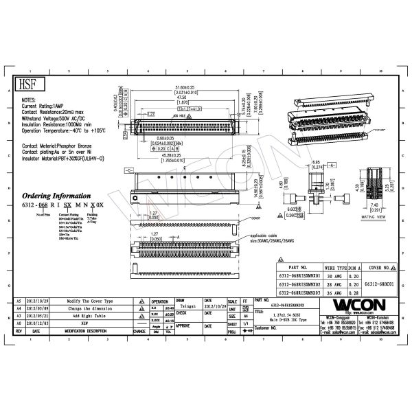 1.27mm Pitch 68 pin scsi connector D-type male shell mating Au or Sn over Ni