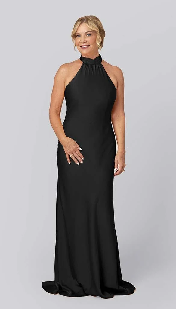 Sexy Sleeveless Customized Sweep Train Keyhole Back Halter Zipper Black Satin Mother Of The Bride Dress