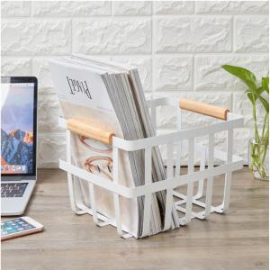 White Long Rectangle Iron Storage Baskets With Wooden Handles