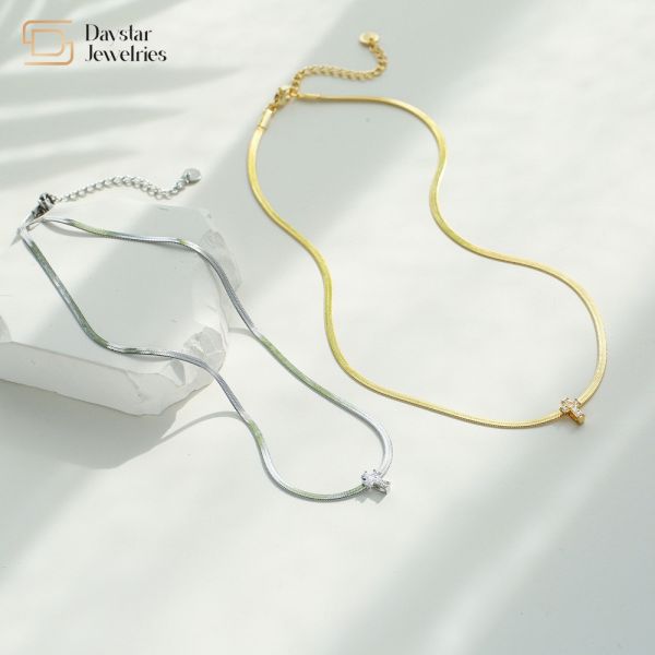 Buy 14k Stainless Steel Flat Snake Chain Necklace Cross Diamond Zircon Pendant at wholesale prices