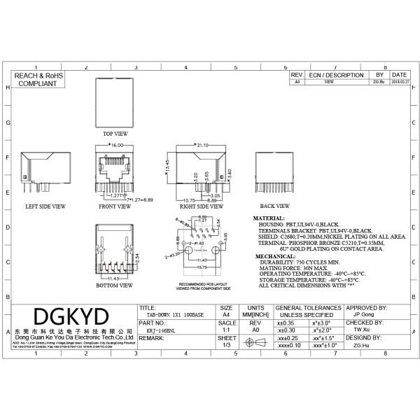 Megabit RJ45 Integrated Magnetic Modular Jack Right Angle Rj45 Manufacture Factory