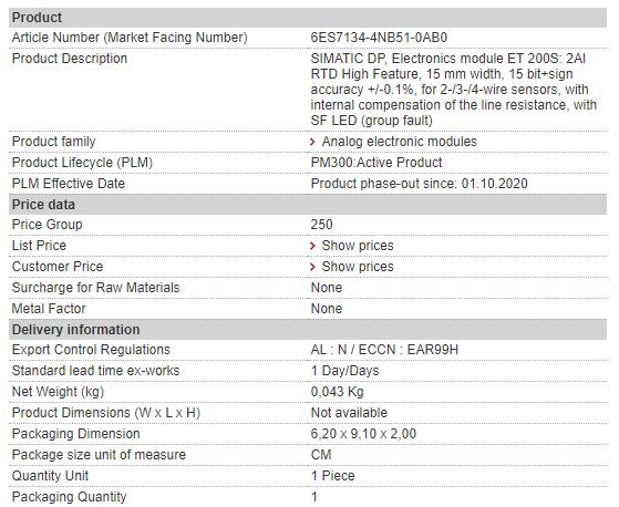 6ES7134-4NB51-0AB0 6ES7 134-4NB51-0AB0 Siemens Analog Input Module