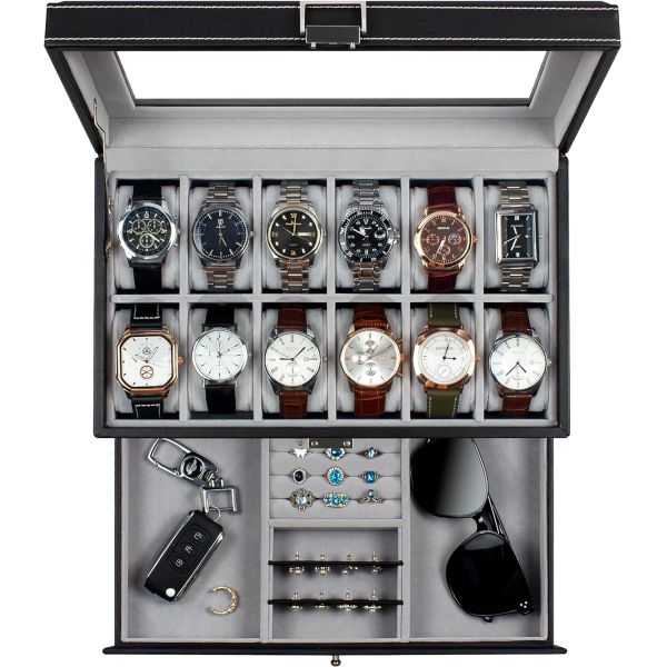 GUKA Watch Box 12 Slot Watch Display Organizer Leather Jewelry Case Drawer Glass Birthday for Men Women, Child Husband