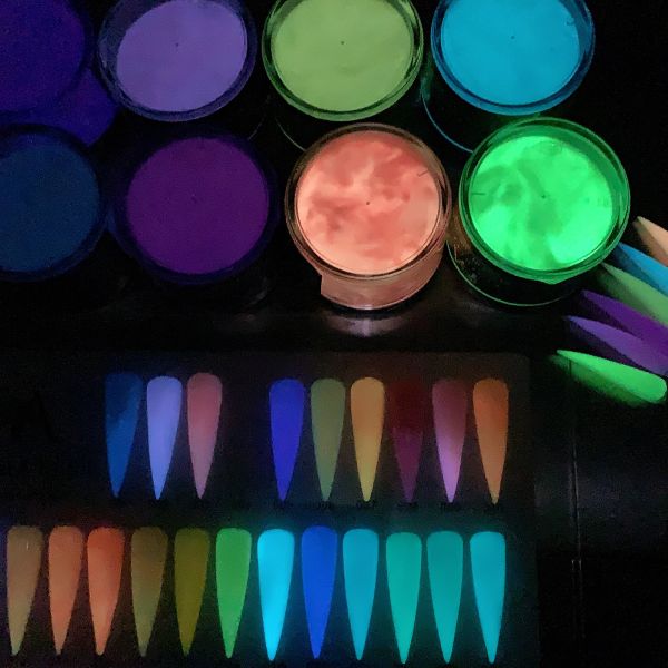 Custom logo 100% Organic Neon Pigment Dip Powders Kit Nail Glow in the Dark Color Dipping Powder
